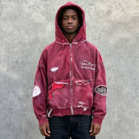 Veste à capuche thermique gaufrée 100 % coton de luxe pour homme, style streetwear, coupe ample, effet usé, vintage, délavé soleil, fermeture éclair, imprimé vieilli