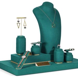 Jinsky Custom Deak Green Microfiber Metal <b>Jewelry</b> Display Stand Showcase for Earrings Ring Necklace Bracelet <b>Jewelry</b> Display Set - Product Image 1