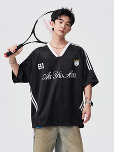 American-style Knitted Letter-print Contrast-color V-neck Sports Jersey Unisex Summer Loose-fit Casual T-shirt 100% Polyester - Product Image 3