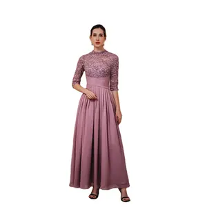 Lavendel Frauen Muslim High Neck Langarm Plissee Chiffon A Line Classic Günstige Custom Made Mutter der Braut Kleid