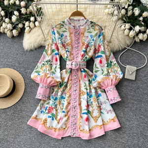 ชุดเดรสพิมพ์ลายคอวีแขนโคมสไตล์พระราชวังสำหรับผู้หญิง รุ่นฤดูใบไม้ผลิ/ฤดูร้อนสไตล์เกาหลี รัดเอว ทรงเอเข้ารูปลายดอกไม้ - Product Image 2