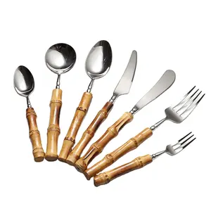 Mirror Polished 304 Silver Spoons Forks And Knives Silverware Set Original Bamboo Cutlery Set