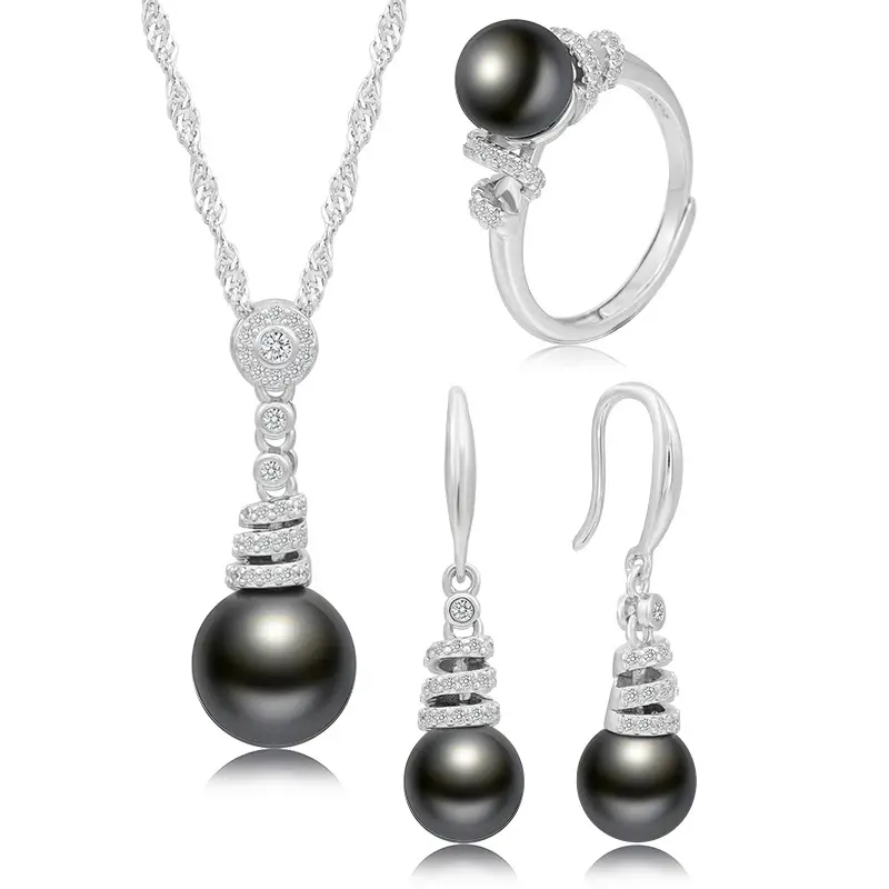 Creativity 925 Sterling Silver Cubic Zirconia Earrings Ring Necklace Black Natural Pearl Jewelry Set For Women