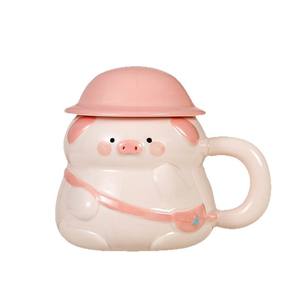 Zuo Mu Mignonne tasse en céramique en forme de cochon avec couvercle et poignée, peinte à la main, réutilisable, cadeau pour les couples, utilisation au bureau - Product Image 4