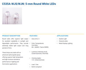 ขายดี CREEs C535A-WJN-CT0W0151 ไฟ LED กำลังสูง สีขาวเย็น 9000K สำหรับไฟแสดงสถานะ แบบแยกส่วน 3.2V รูปทรงกลม 5 มม. ปรับความสว่างได้ - Product Image 2