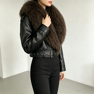 <span class=keywords><strong>Veste</strong></span> en cuir courte pour femmes, très tendance, avec col en fourrure de Mongolie véritable, <span class=keywords><strong>grande</strong></span> <span class=keywords><strong>taille</strong></span>, manteau de printemps et d'automne, vêtement d'extérieur en fourrure pour femmes - Product Image 2
