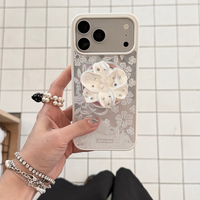 Coque de téléphone en TPU+PC avec miroir en dentelle pour 17promax 15promax, support magnétique, sangle de téléphone, design papillon et fleurs