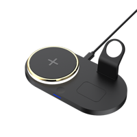 Station de charge sans fil de bureau 15W pour téléphone et écouteurs avec support de chargeur de montre vertical, sortie USB et lumière ambiante LED