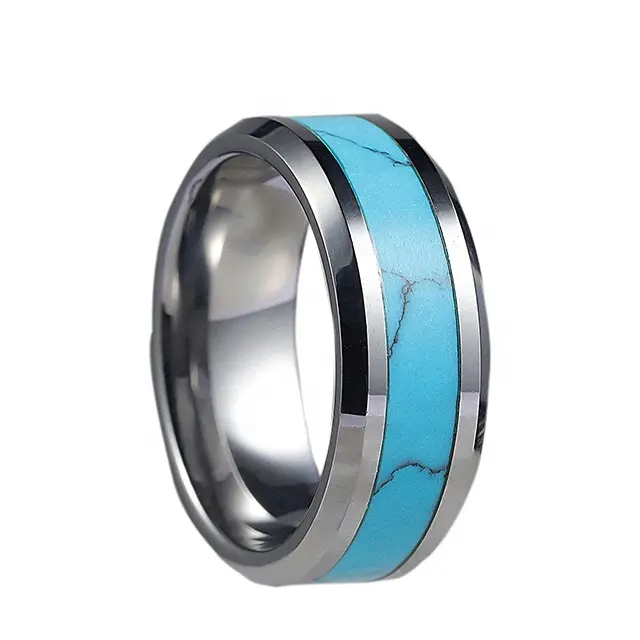 Factory Turquoise Inlay Polished Beveled Edges Unisex Tungsten Carbide Steel Ring for Women Men