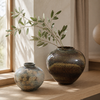 Vase en céramique rustique fait main, glaçure marron vieillie, vase décoratif pour branches, décoration intérieure maison et hôtel