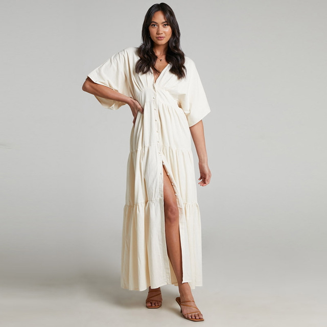 Summer Ladies Casual Fashion Low v Neckline Short Sleeve Ruffle White Tiered Slit Button Maxi Dress