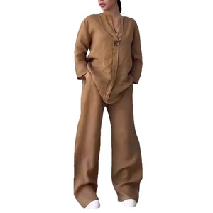 Women's Cotton <b>Linen</b> Casual <b>Set</b> Loose Tops Wide Leg Pants Solid Color Smlxlxxl3xl4xl5xl Europe America Style - Product Image 5
