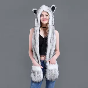 Novelty Animal Leopard Panda Fox Wolf Faux Fur Critter Scarf with Hat Snood Pockets