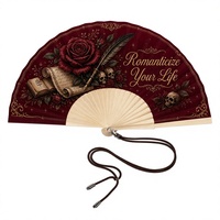 Éventail pliant Gothique Dark Academia avec logo personnalisé, en tissu, manche en bois, sangle de poignet, cadeau, souvenir de fête
