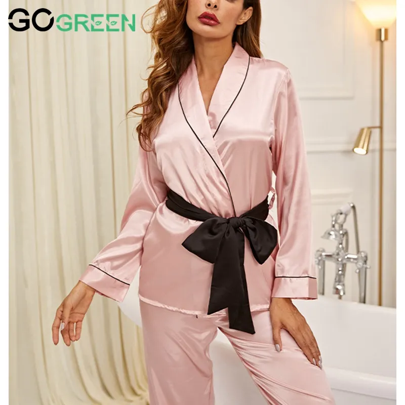 Wholesale Plus Size High Quality Long Sleeve Solid 2 Pieces Sleepwear Silk Satin Bath Towel Robe with Belt & Bottoms