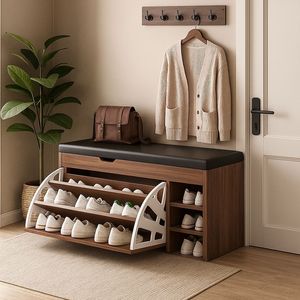Meuble à chaussures rotatif en bois moderne, étagère à 3 niveaux, nouveau design, présentoir à chaussures, banc étagère, mobilier de maison, salon - Product Image 1