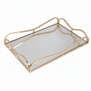 Bandeja de Servicio con Espejo y Asa, Color Dorado, Rectangular, de Vidrio, para Hotel y Restaurante - Product Image 1