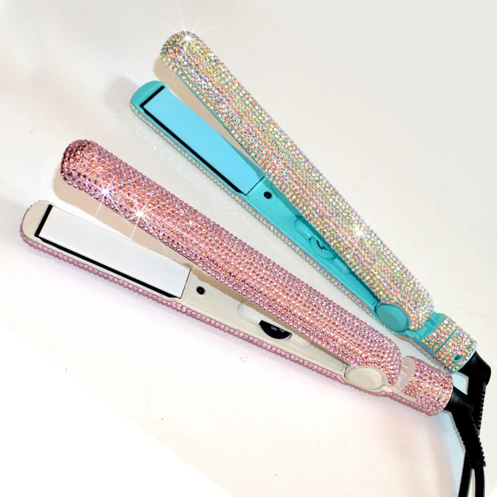 New Professional Portable Hair Styling Tool Rhinestone Bring Flat Iron Negative Ion Hair Straightener And Curler 2 In 1