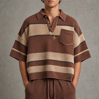 Ensemble deux pièces décontracté pour homme : Polo en maille crochetée rayé marron et short – Tenue d'été assortie pour homme