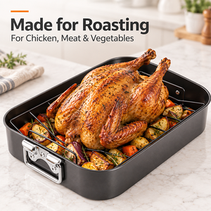 Bandeja para Asar de Acero al Carbono Antiadherente con Rejilla en V Extraíble, Asador Rectangular para Pavo con Asas para Carne y Aves - Product Image 2