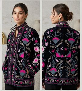Blazer matelassé en velours de coton brodé à la main pour femme, col mandarin, manches longues, motif floral, vintage, épais, séchage rapide, hiver - Product Image 6
