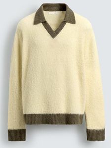 Maglione Giallo Pallido con Scollo a V per Uomo, Colletto Marrone a Contrasto, Lavorazione Soffice, Stile Preppy, Pullover alla Moda - Product Image 4