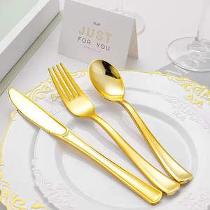 Ensemble de vaisselle en plastique <span class=keywords><strong>biodégradable</strong></span> personnalisable, kits de couverts jetables avec poignée dorée/argentée pour les mariages, les fêtes et la restauration - Product Image 5