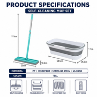 Ensemble serpillière auto-nettoyante et seau pliable avec manche télescopique, mécanisme de nettoyage intégré, tampon en microfibre, se plie pour un rangement facile