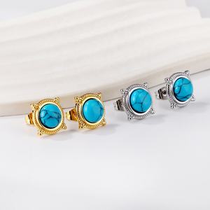 Pendientes Geométricos de Turquesa Azul, Joyería Vintage de Moda, Diseño Grueso Chapado en Oro de 18k, Pendientes Únicos de Acero Inoxidable - Product Image 4