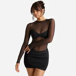 Black Long Sleeve Ruching Lace Mini Bodycon Dress Sexy