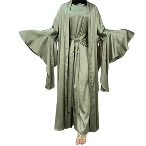 DL205 Fashion Muslim gaun sederhana Satin wanita abaya lengan panjang 3 buah set warna Solid jubah gaun malam pakaian Islami