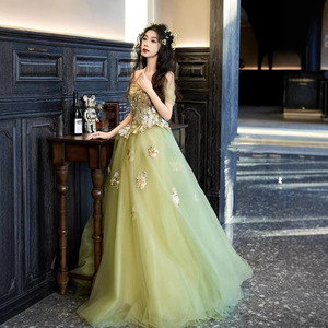 Flower Fairy Evening Gown Green Off-Shoulder Tulle Dress Empire Waistline Coming Of Age Ceremony Princess Style - Product Image 5