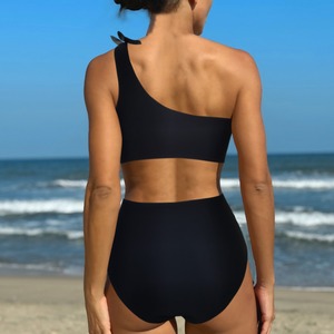 Ensemble 2 pièces asymétrique noir uni à taille haute et épaule unique, maillot de bain bikini extensible pour femme, tenue de plage - Product Image 4