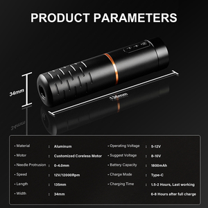 เครื่องสักโรตารี่ไร้สาย ปากกา มอเตอร์ไร้แกน แบตเตอรี่ 1800mAh จอแสดงผล LED ดิจิตอลสำหรับศิลปิน - Product Image 4