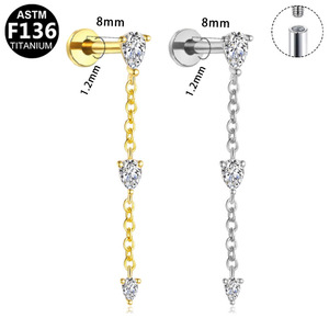 Boucle d'oreille longue G23 à filetage interne pour cartilage, <span class=keywords><strong>piercing</strong></span> hélix, bijoux de corps en alliage de titane, zircon, chaîne à pampilles, plaqué titane - Product Image 2