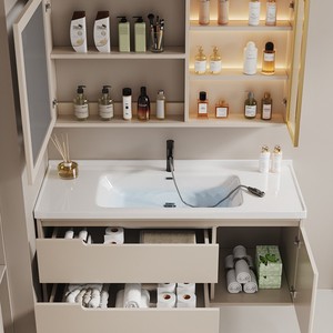 Mueble de Baño Moderno Minimalista con Espejo Inteligente Iluminado, Lavabo de Cerámica de una Pieza Color Crema, Gabinete de Almacenamiento - Product Image 4