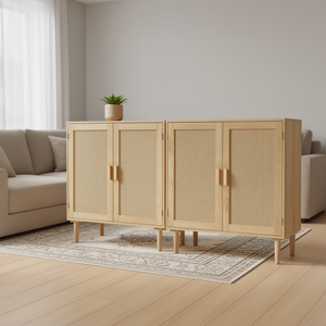 Juego de 2 Gabinetes de Almacenamiento de Ratán de 63 Pulgadas con Puertas Magnéticas, Estantes Ajustables, Aparador Natural para Sala de Estar - Product Image 2