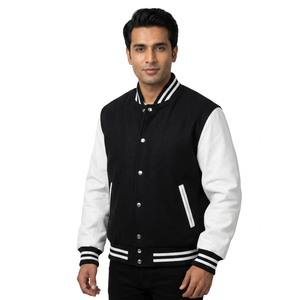 <b>Mens</b> Varsity <b>Jacket</b> Black and <b>White</b> Letterman Bomber <b>Jacket</b> Wool Body Leather Sleeves Custom College Baseball <b>Jacket</b> - Product Image 1