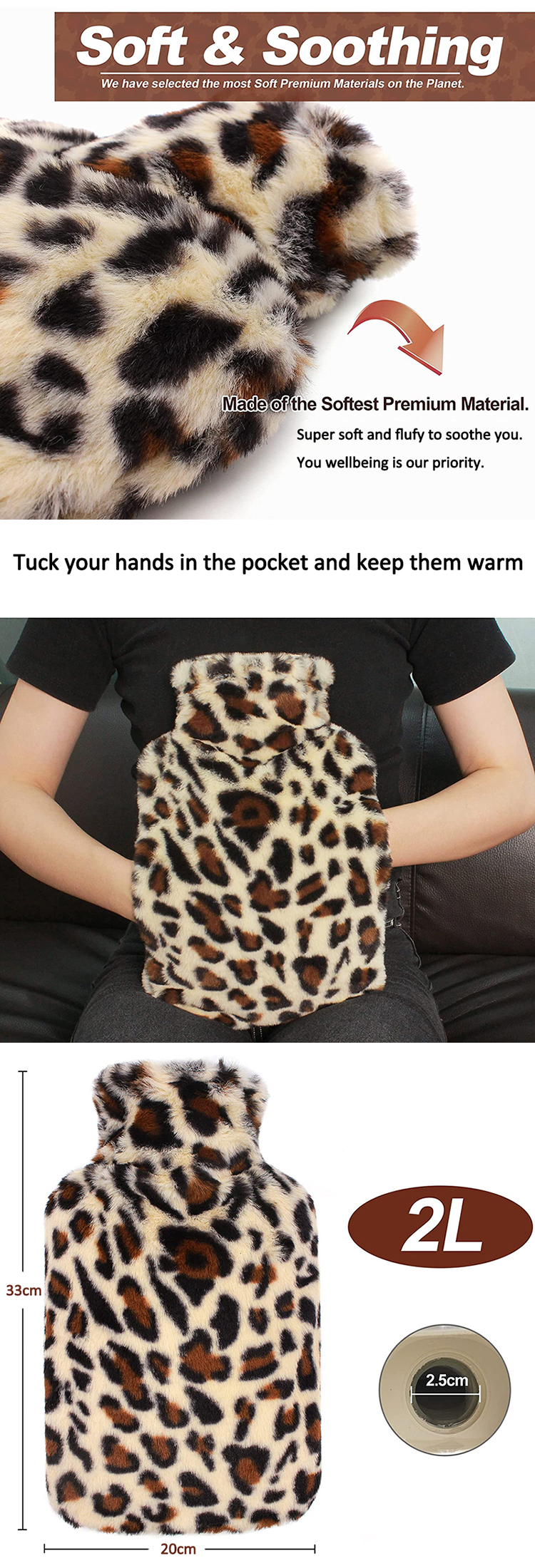 2l bs rubber hot water bag faux fur hot water bottle cover with hand pocket