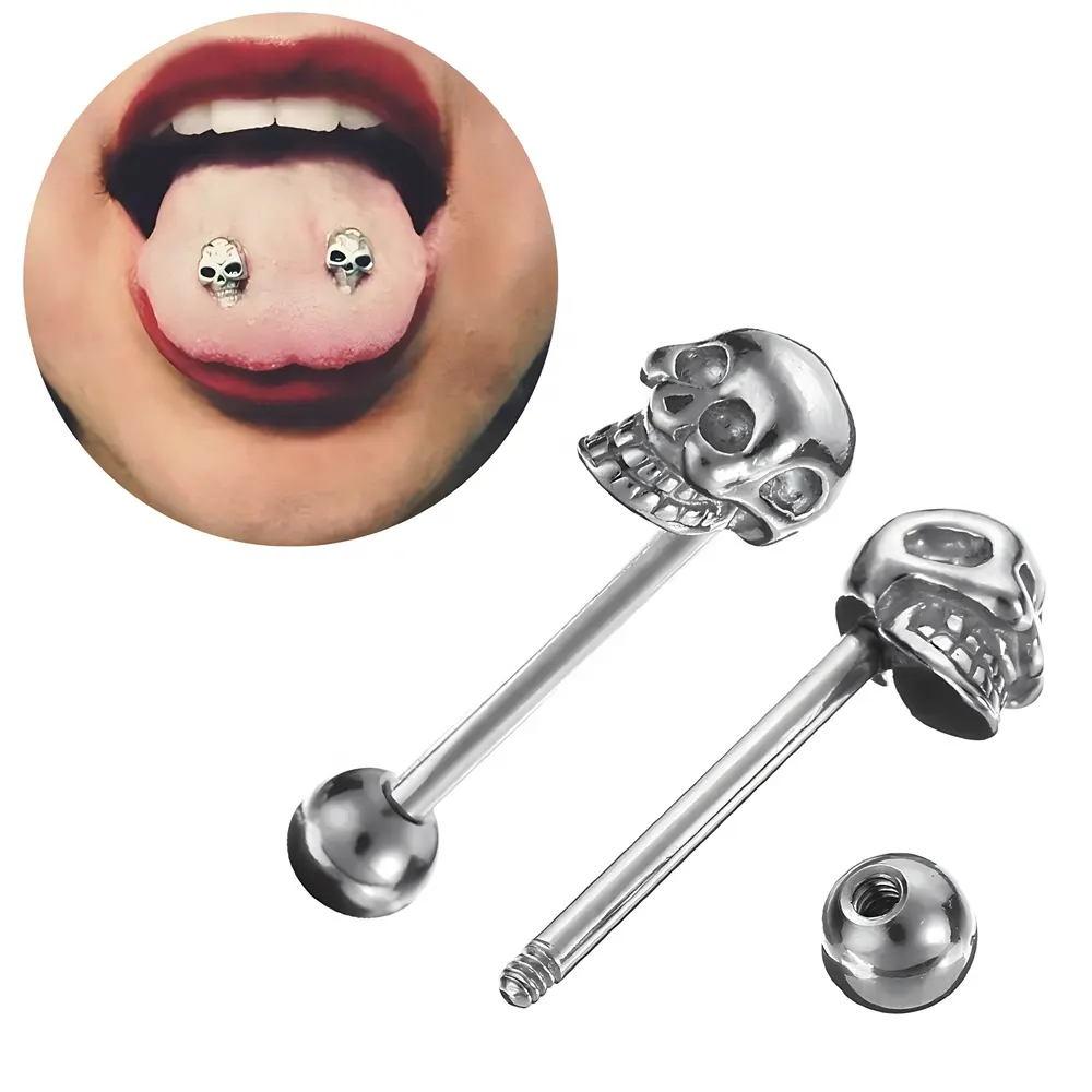 Edelstahl Kristall Schädel form Zungen ringe Vintage Lang hantel Schädel kopf Piercing Zungen ringe