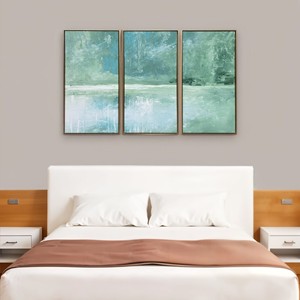 HMS Set di tre dipinti astratti acqua blu verde con cornice Floater oro per decorazione di arte della parete - Product Image 1