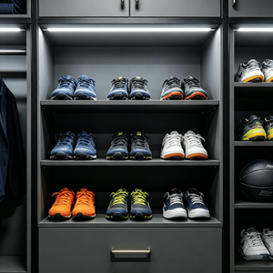 Armoire moderne en bois gris mat pour adolescents, avec dressing intégré, étagère à chaussures multi-niveaux et meuble <span class=keywords><strong>de</strong></span> rangement pour ballons <span class=keywords><strong>de</strong></span> basketball, idéale pour villas <span class=keywords><strong>de</strong></span> luxe - Product Image 3
