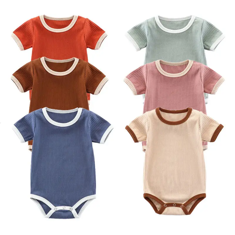Yenidoğan bebek 100% nervürlü pamuklu sevimli katı renk yenidoğan bebek giysileri organik bebek Romper tulum