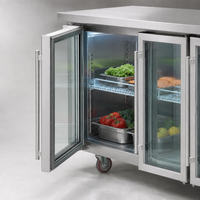 Réfrigérateur commercial sous comptoir avec 4 portes en verre, plan de travail en acier inoxydable, avec roulettes pour restaurant, bar