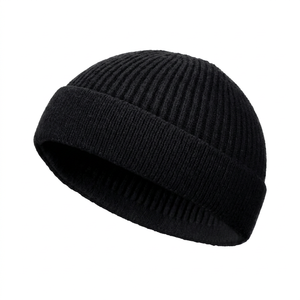 Berretto da Pescatore Unisex Nero a Costine di Alta Qualità, Cappello Corto Lavorato a Maglia con Risvolto, Berretto da Marinaio Personalizzabile con Logo, Vendita all'Ingrosso OEM - Product Image 1