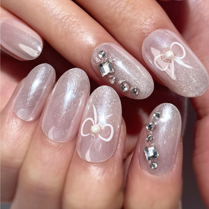 <span class=keywords><strong>Uñas</strong></span> postizas de calidad profesional, <span class=keywords><strong>color</strong></span> <span class=keywords><strong>rosa</strong></span> <span class=keywords><strong>pastel</strong></span> brillante, cromo, con lazo blanco ovalado y decoración de diamantes. - Product Image 6