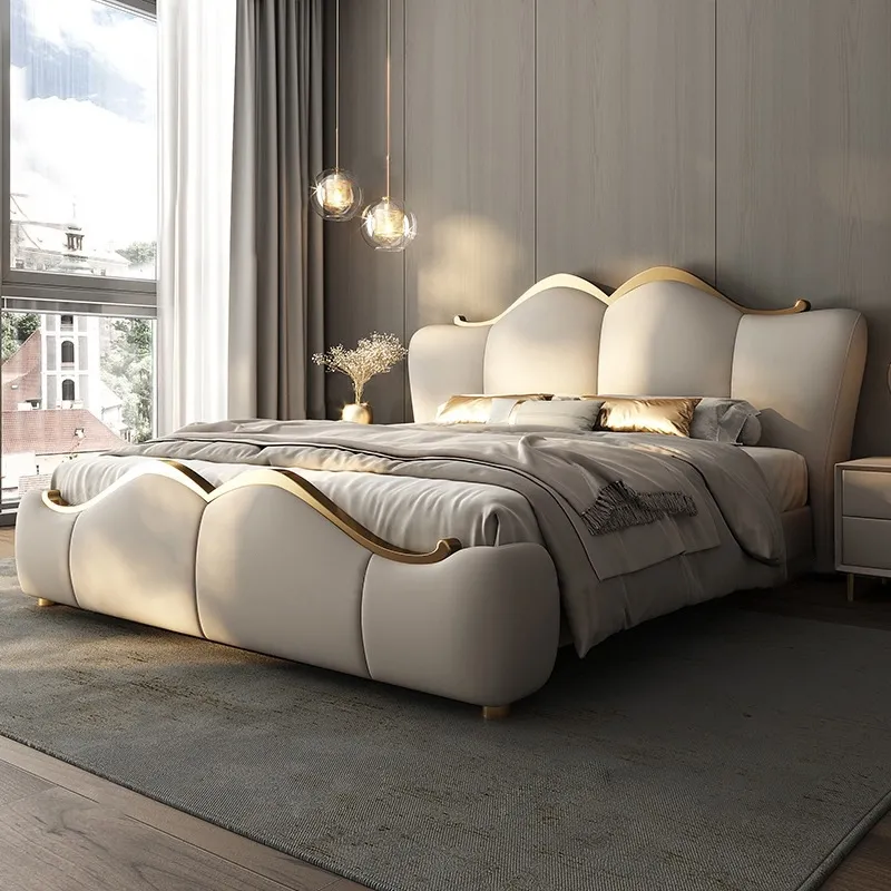 Muebles de dormitorio modernos de estilo nórdico, cama de cuero de Napa, dormitorio principal de 1,8/1,5 m, cama de boda, cama suave de lujo italiana Doble
