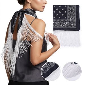Black Paisley Print Satin <strong>Silk</strong> <strong>Scarf</strong> with Long White Fringe Tassels for <strong>Womens</strong> Evening Party Wear - Product Image 1