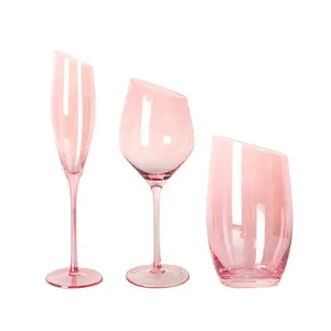Verre à vin sans <span class=keywords><strong>plomb</strong></span> en cristal rose, sans pied, à coupe oblique, à bord incliné, pour bière, eau, champagne - Product Image 1