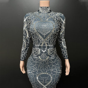 Novance Y1539 Abito <span class=keywords><strong>da</strong></span> Sera Elegante con Strass Argento, Maniche Lunghe, Vestito Formale Snellente per Feste - Product Image 4